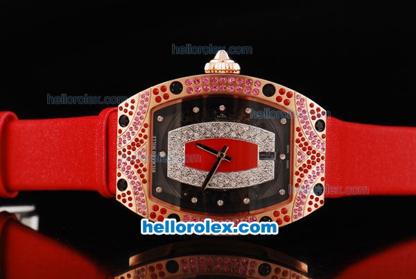 Richard Mille RM007 Automatic Movement Rose Gold Case with Diamond Hour Marker and Diamond Bezel-Red Leather Strap - Click Image to Close